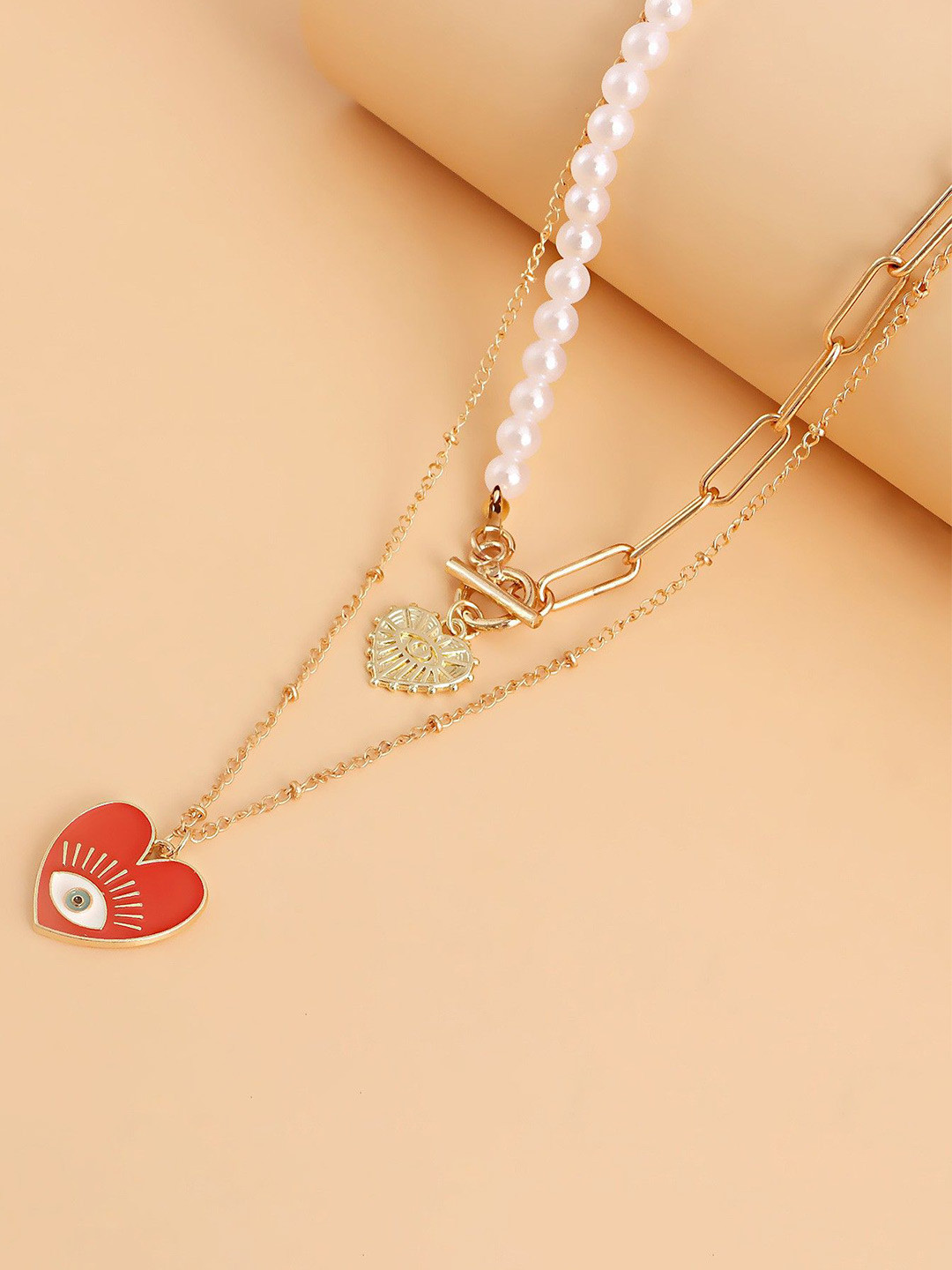 DESTINY JEWELS Gold Plated Evil Eye Double Heart Chunky Multilayer Necklace