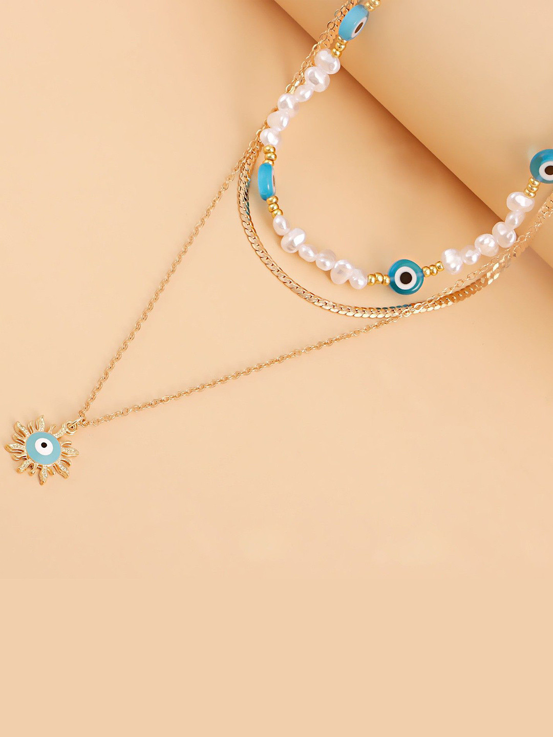 DESTINY JEWELS Gold Plated Pearls Evil Eye With Sunflower Charm Layered Necklace