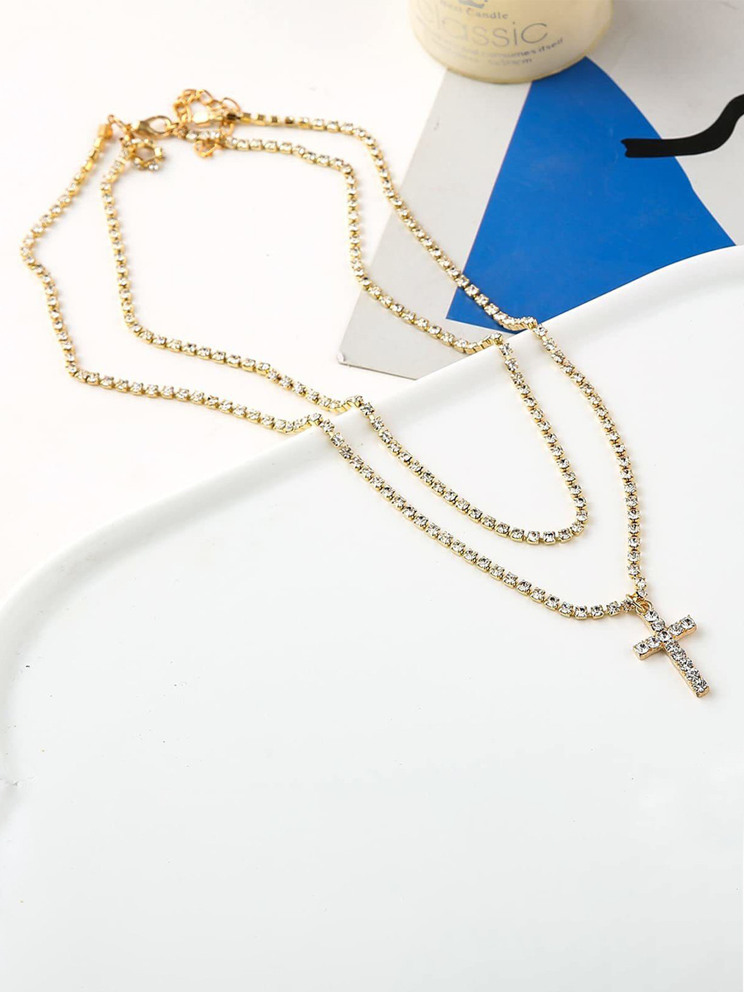 DESTINY JEWELS Gold Plated Crystal Studded Pendant Brass Layered Necklace