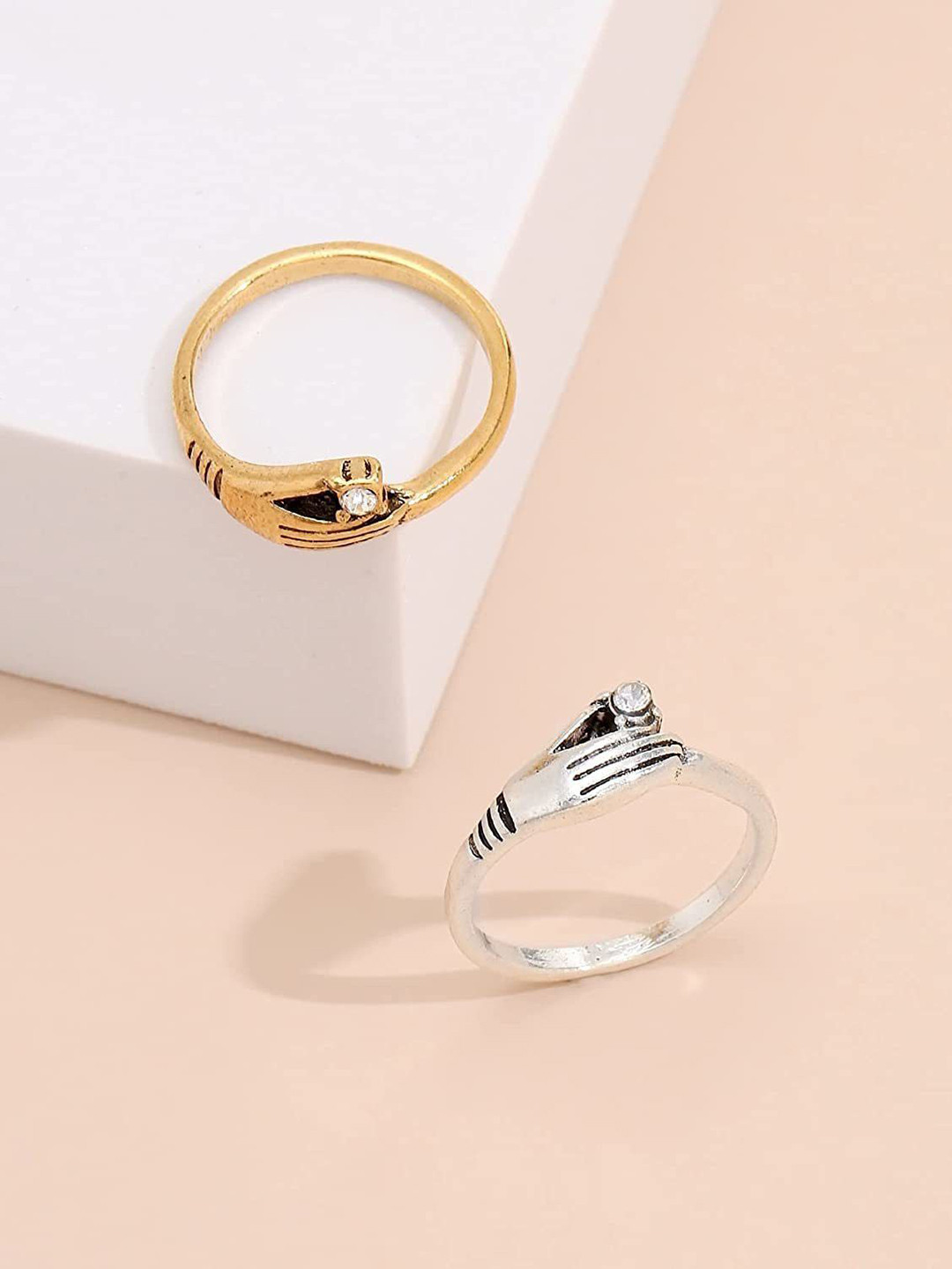DESTINY JEWELS Set Of 2 Gold & Silver Plated Artificial Stones Studded Finger Rings