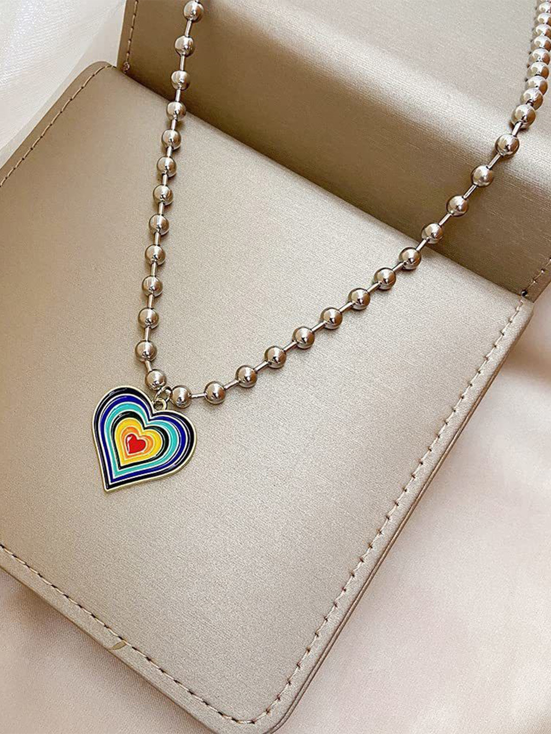 DESTINY JEWELS Sterling Silver-Plated Heart Shaped Rainbow Pendant With Chain