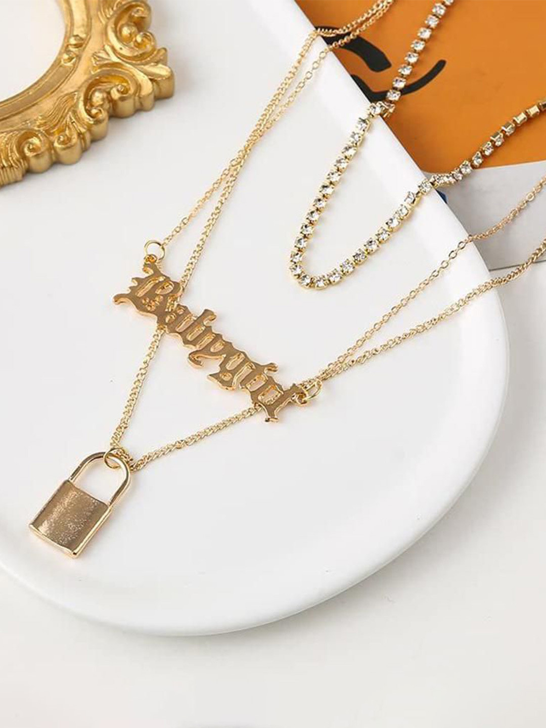 DESTINY JEWELS Gold Plated Crystal Studded BABYGIRL Lock Pendant Necklace