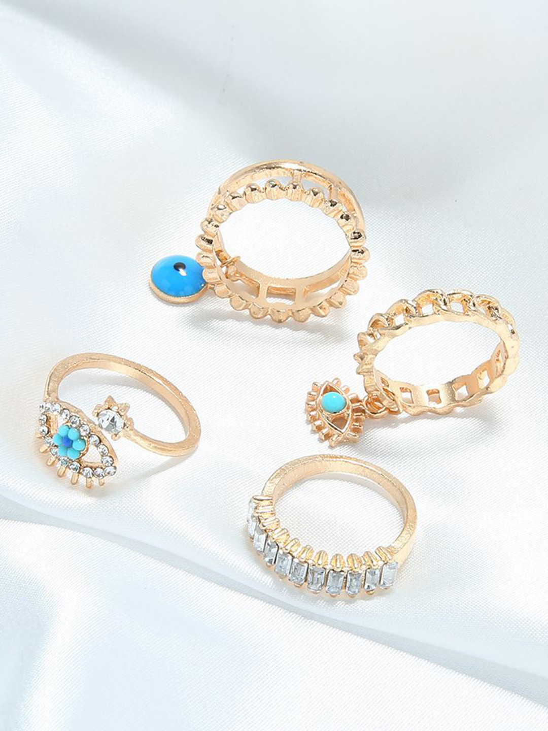 DESTINY JEWELS Set Of 4 Geometric Eyes Shaprd Cubic Zirconia Studded Finger Rings