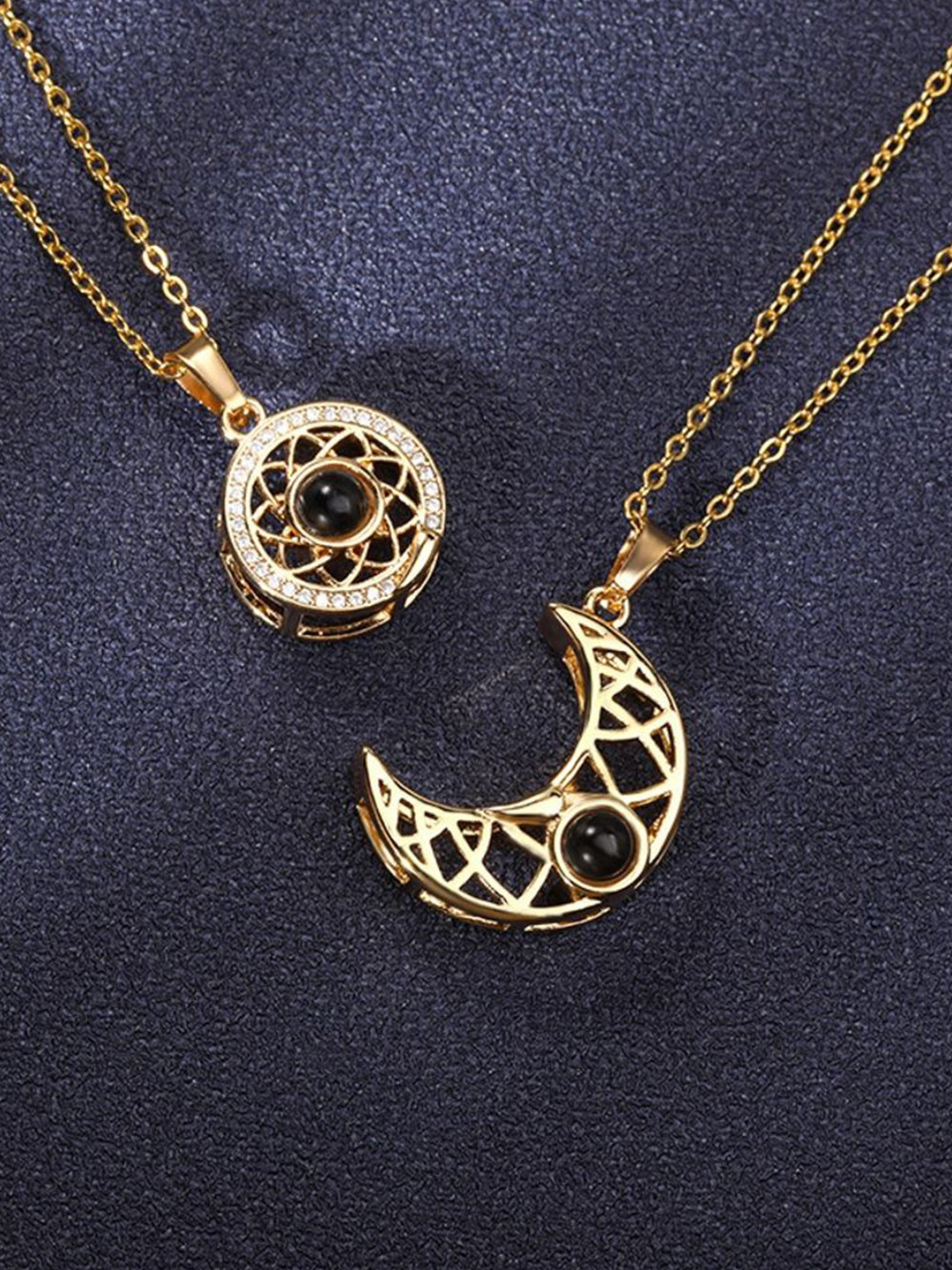 DESTINY JEWELS Set Of 2 Gold Plated Couple Moon & Round Charms Shaped Pendants With Chains