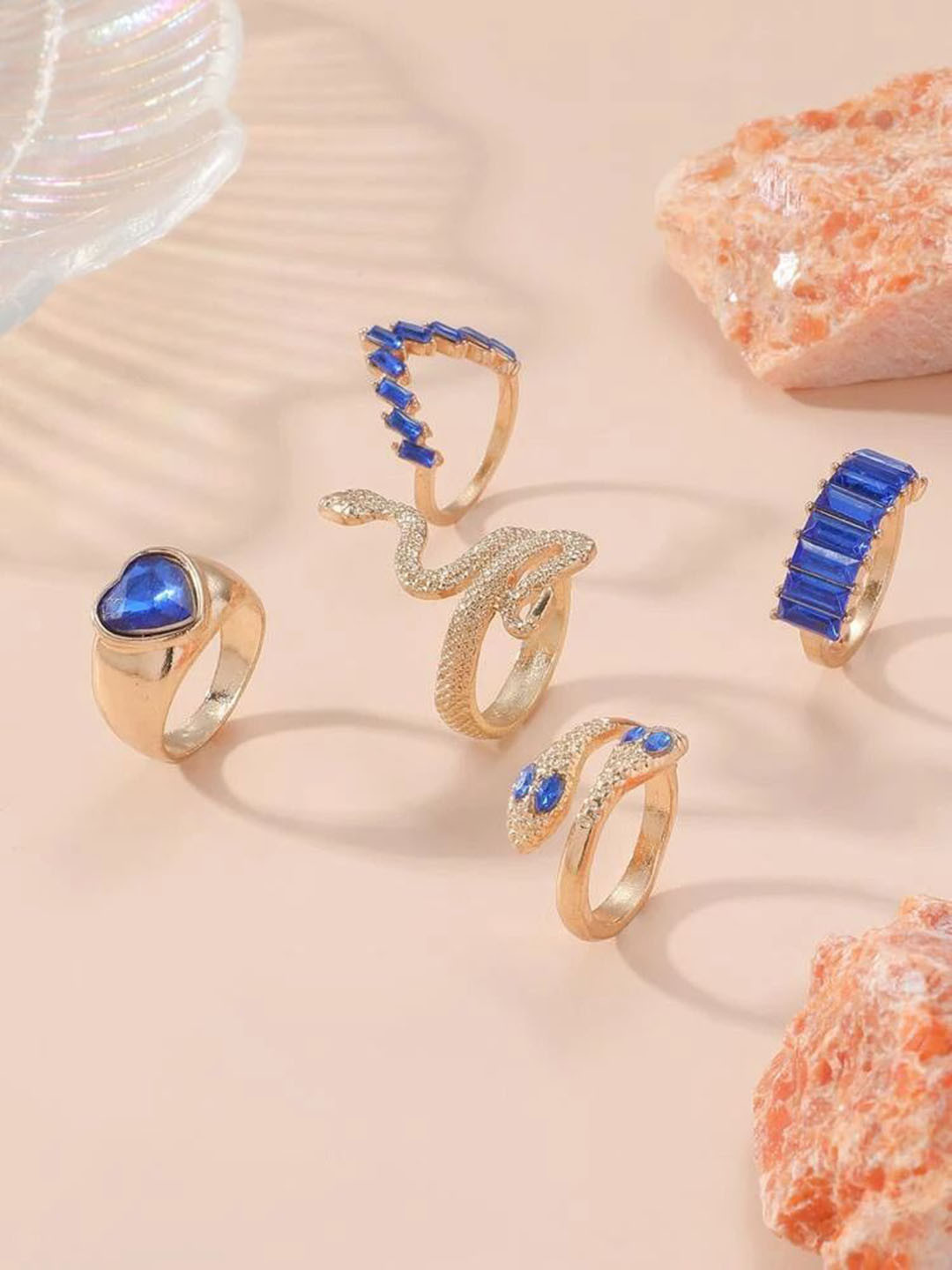 DESTINY JEWELS Set Of 6 Gold-Plated Rhinestone Studded Serpentine Decor Finger Rings