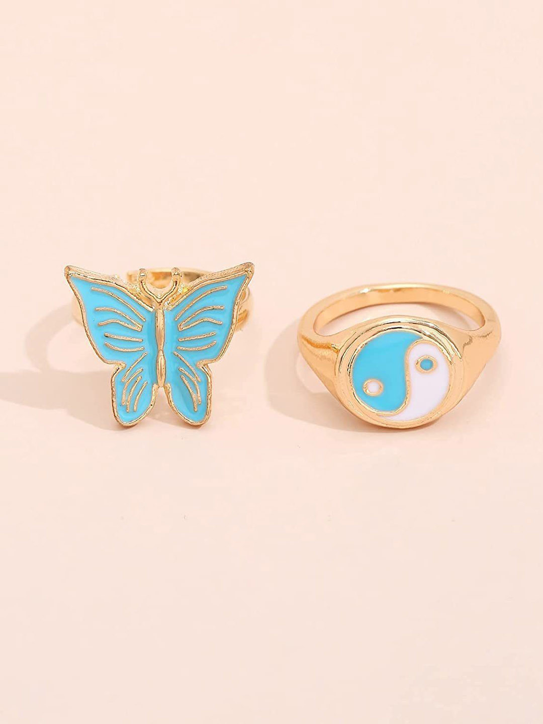 DESTINY JEWELS Set Of 2 Gold Plated Butterfly & Drip Oil Style Finger Rings