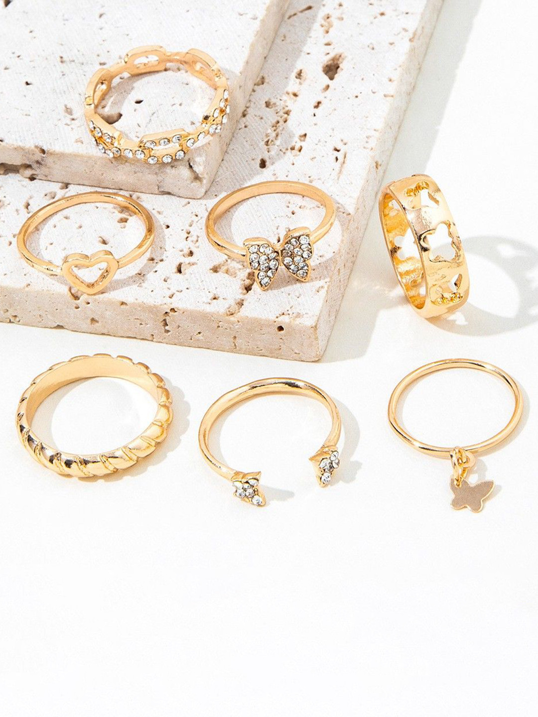 DESTINY JEWELS Set Of 7 Gold Plated Stone Studded Finger Rings