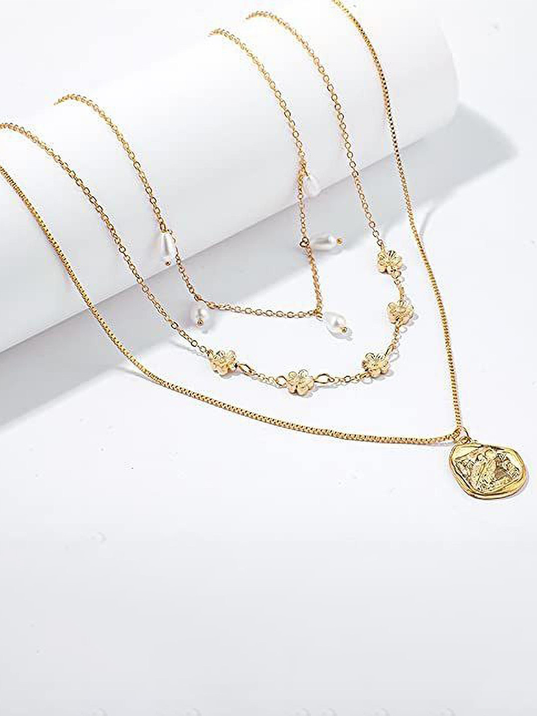 DESTINY JEWELS Gold-Plated Pearls  3 Tier Pendant Necklace