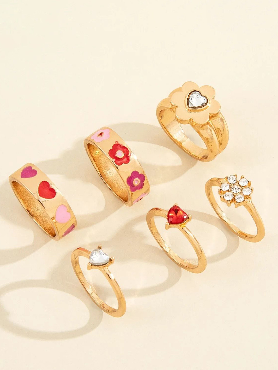 DESTINY JEWELS Set Of 6 Gold Plated Crystal-Studded Flower Shaped Finger Rings