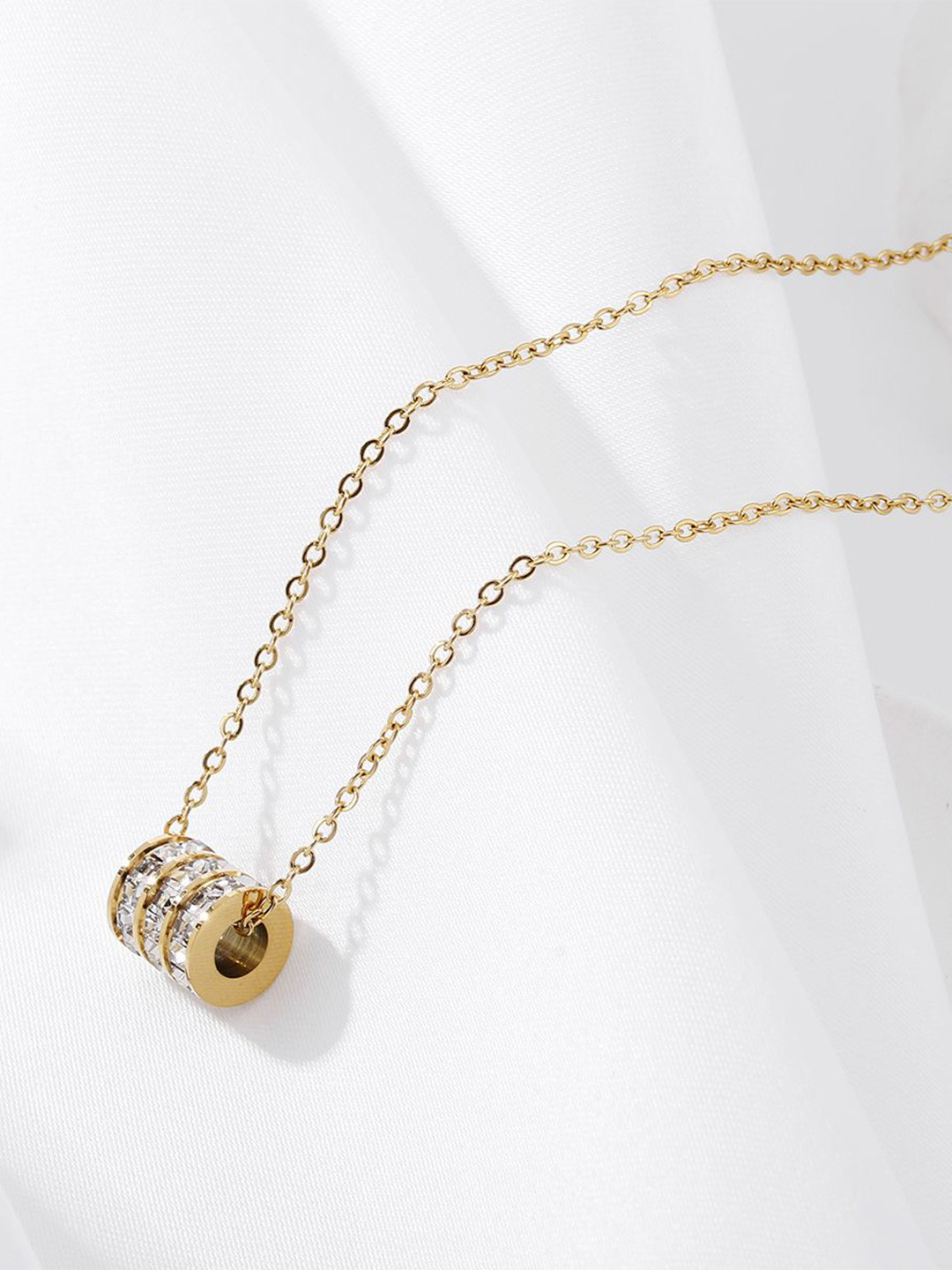 DESTINY JEWELS Gold-Plated Stainless Steel Crystals Studded Triple Ring Pendant With Chain
