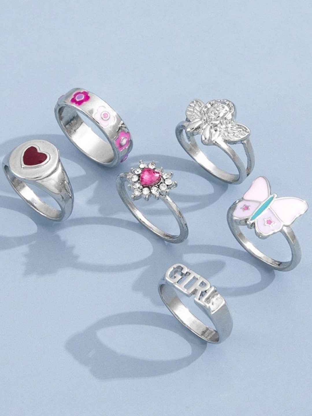 DESTINY JEWELS Set Of 6 Sliver Plated Artificial Stones Studded Chunky Finger Rings