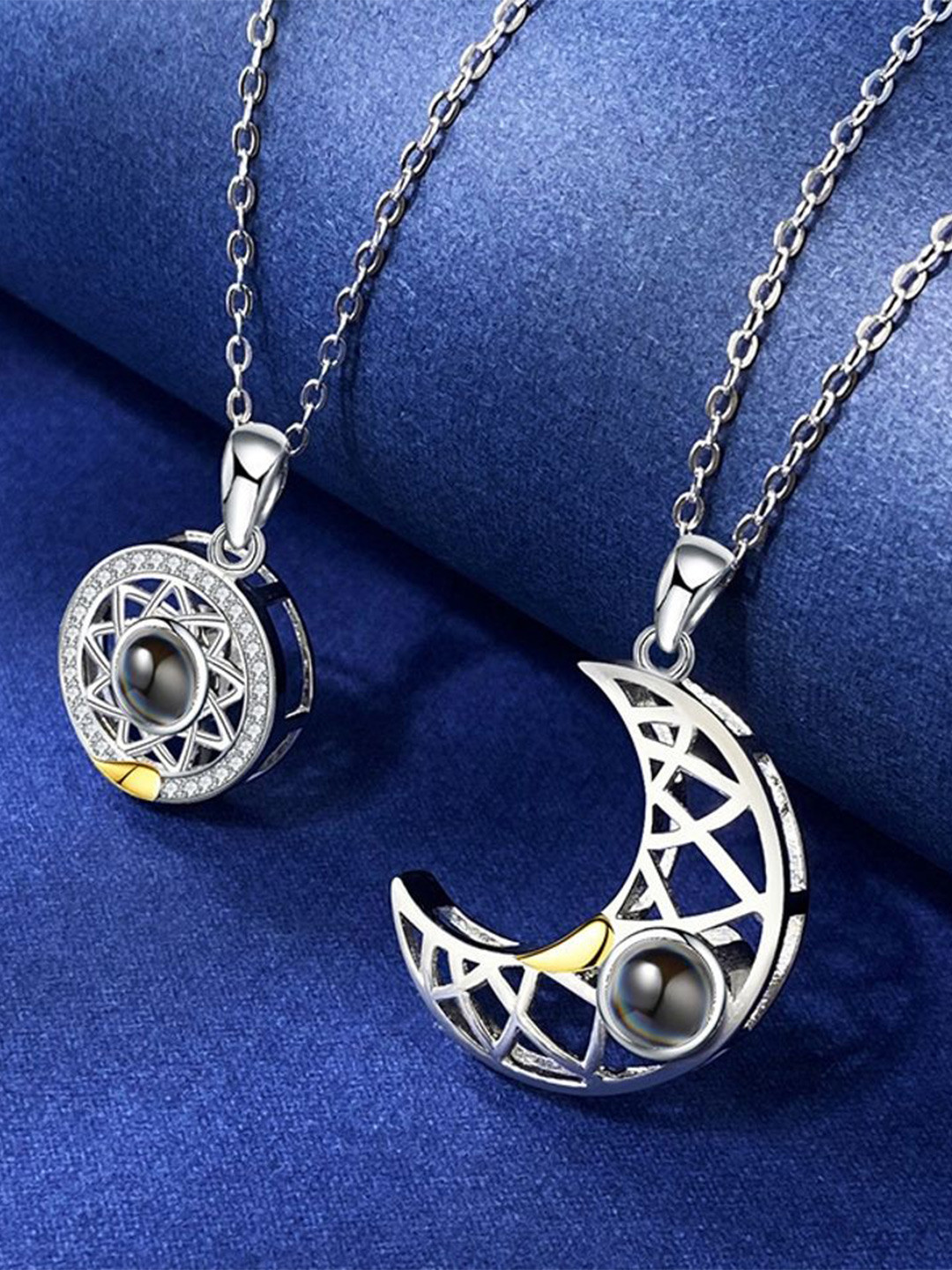 DESTINY JEWELS Set Of 2 Silver-Plated Magnetic Couple Moon & Circular Pendant With Chain