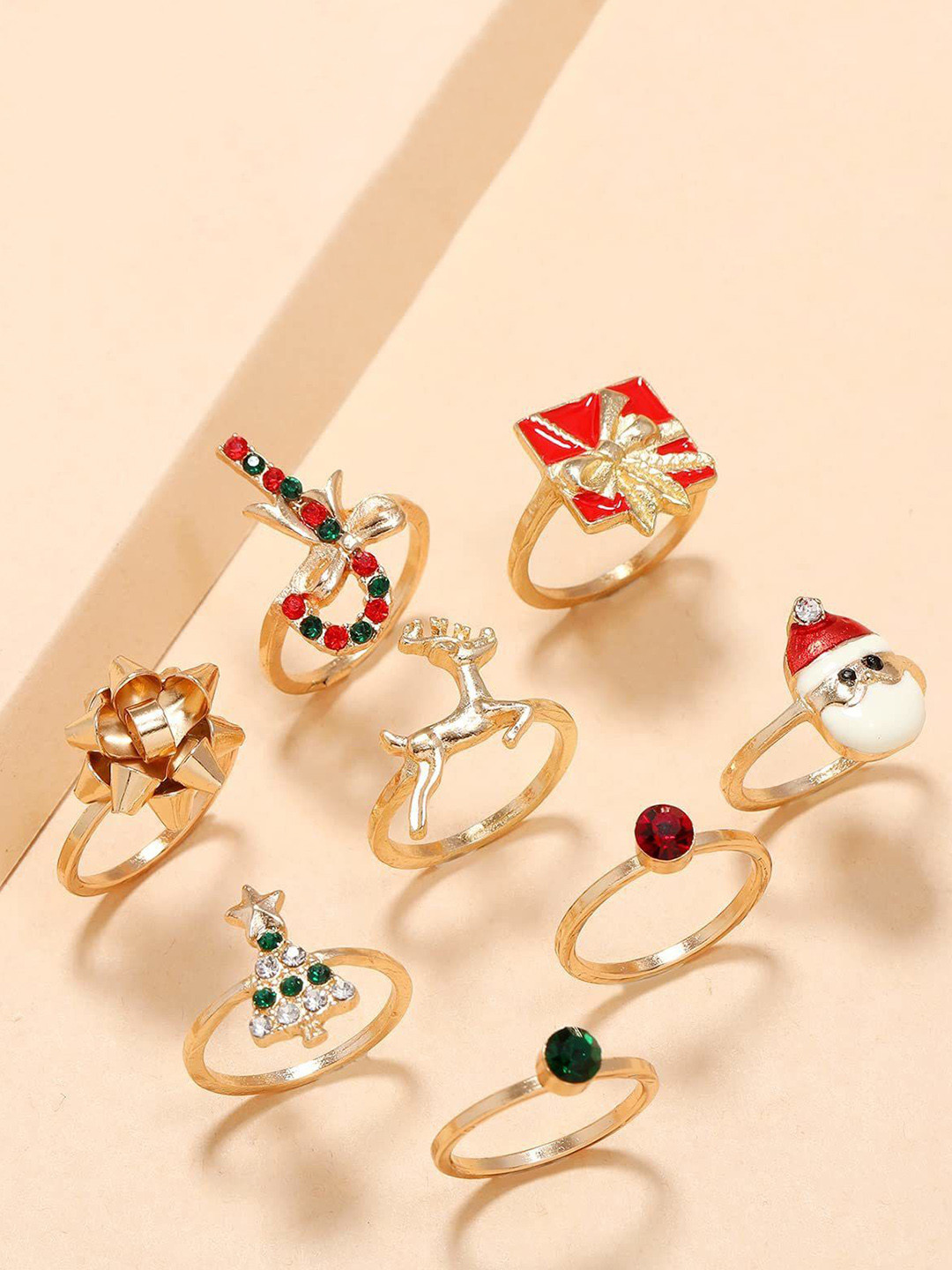 DESTINY JEWELS Set Of 8 Gold-Plated Cubic Zirconia Studded Christmas Ornaments Finger Ring