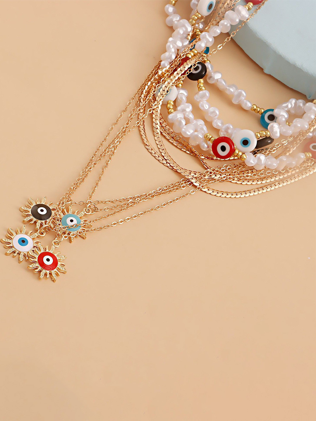 DESTINY JEWELS Gold Plated Artificial Beaded Evil Eye & Sunflower Charm Layered Necklace