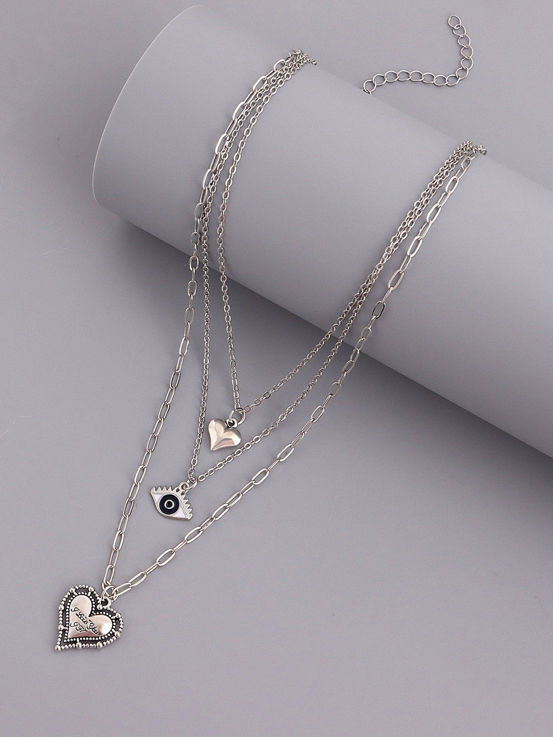 DESTINY JEWELS Silver Plated Evil Eyes Heart Shape Multilayer Pendant Layered Necklace