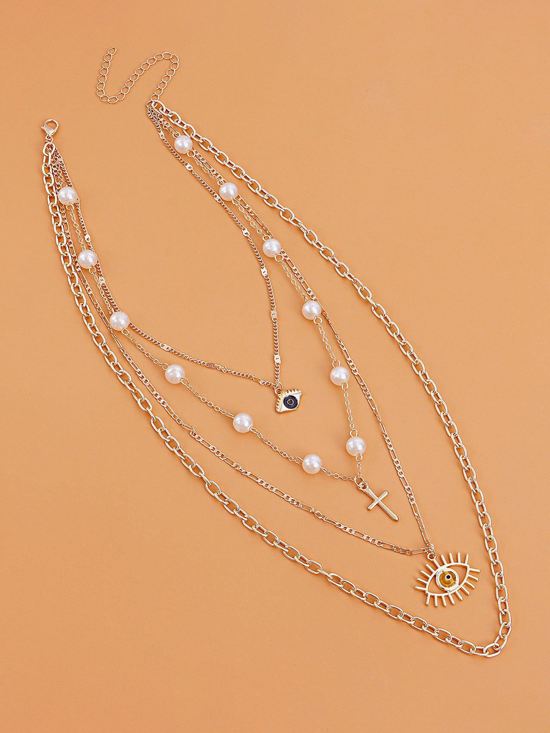 DESTINY JEWELS Gold Plated Pearl Beaded Evil Eye Multi Layered Necklace