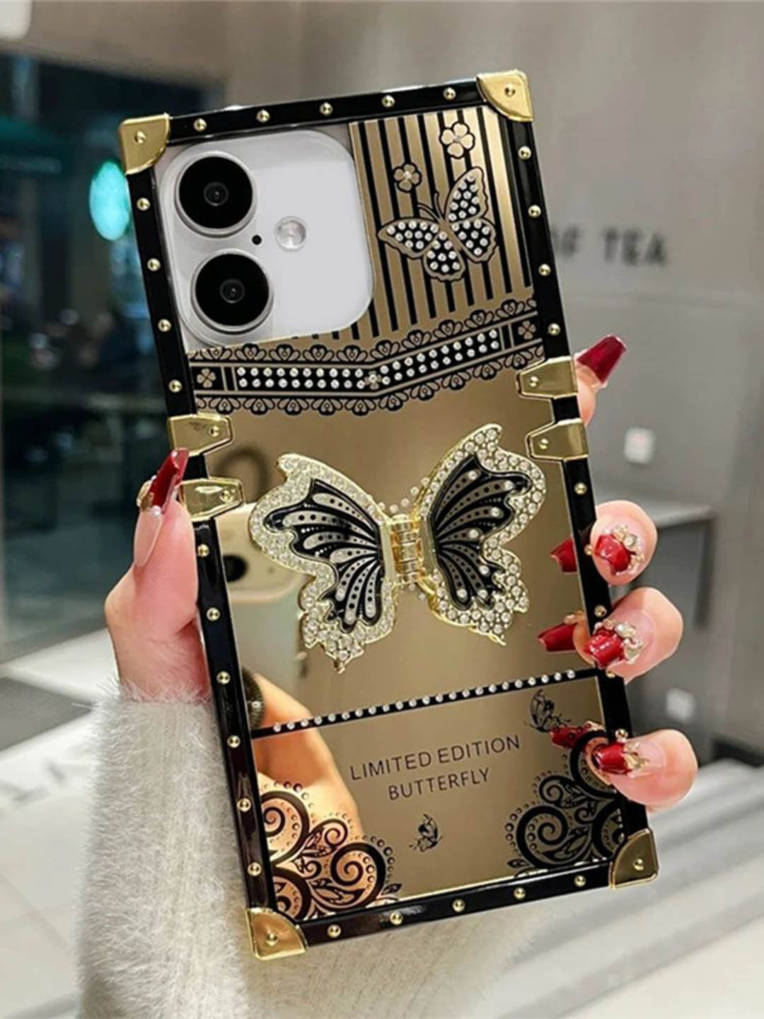 Luxury Kase Sequined LK162 Elegant Butterfly Stand Back Mirror iPhone 16 Plus Back Case