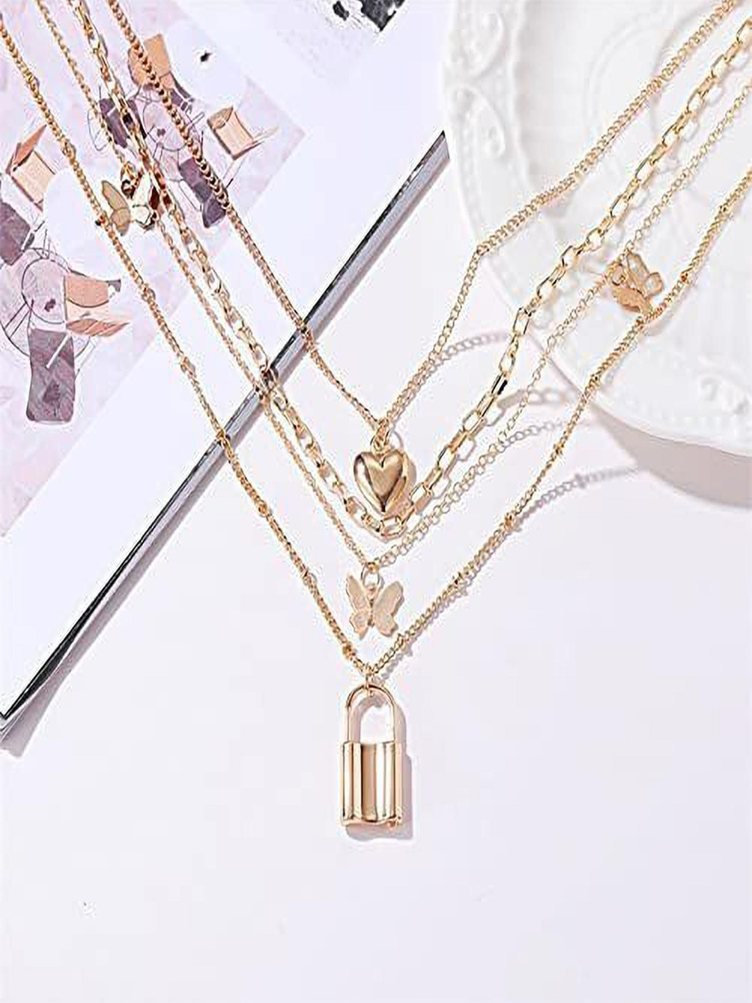 DESTINY JEWELS Gold Plated Heart & Butterfly Design Lock Pendent Layered Necklace