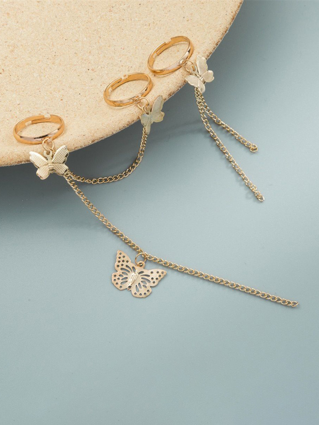 DESTINY JEWELS Set Of 2 Gold Plated Butterfly Chain Opening Adjustable Rings