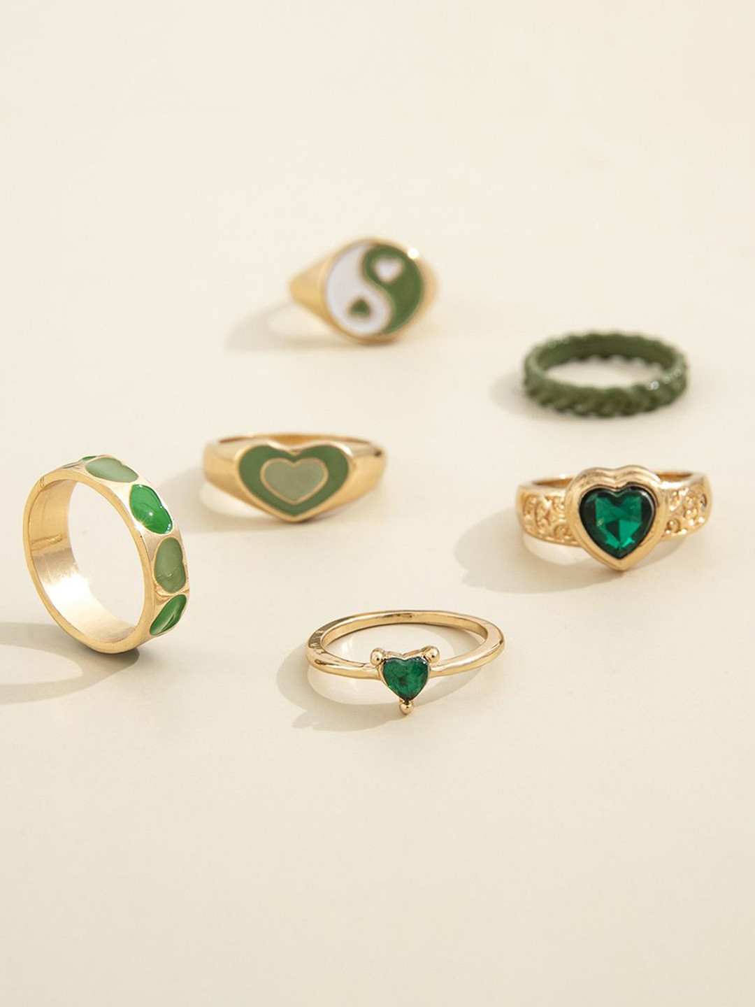 DESTINY JEWELS Set Of 6 Gold Plated Cubic Zirconia Studded Dripping Oil Finger Rings