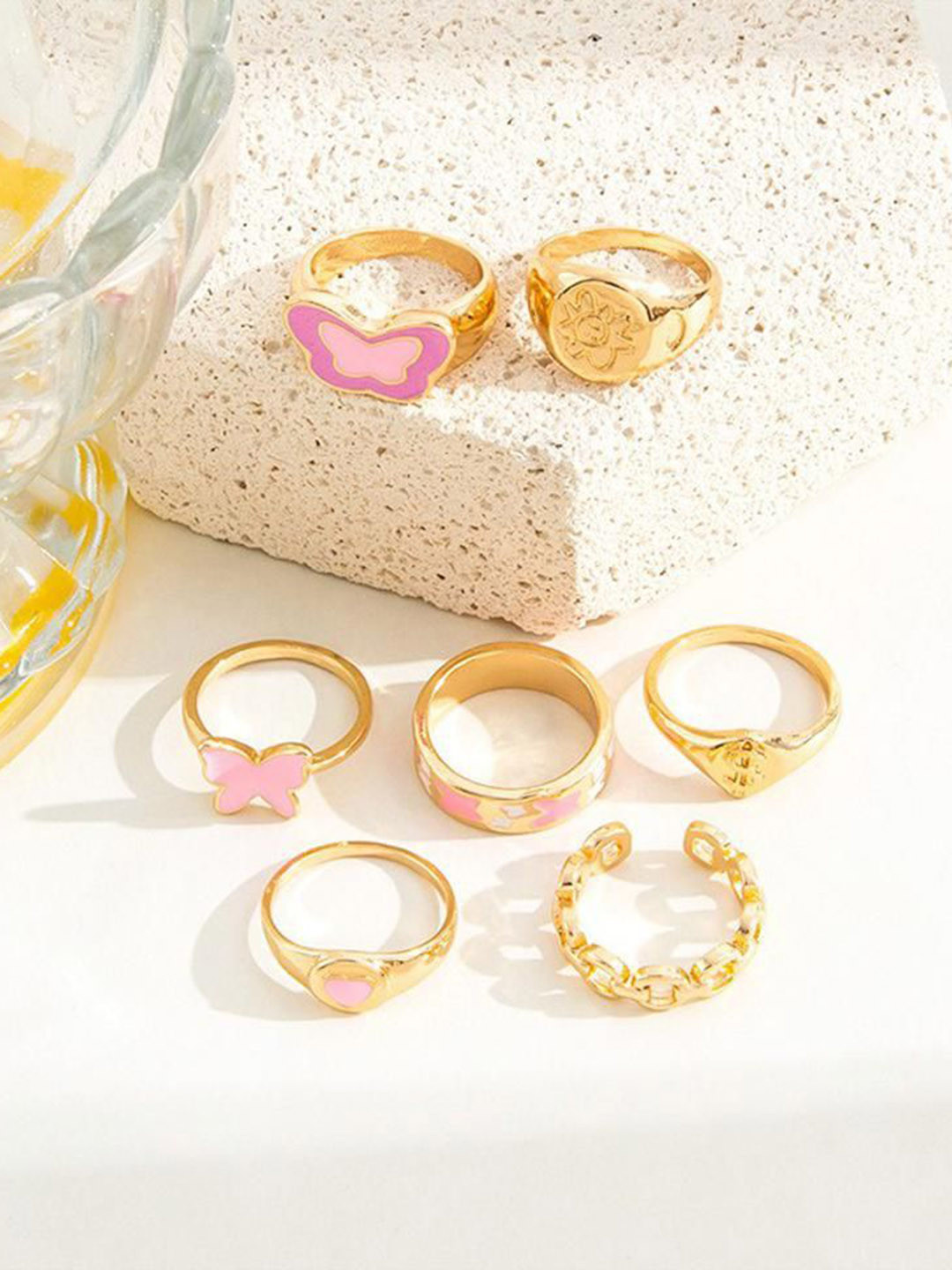 DESTINY JEWELS Set Of 7 Gold Plated Heart With Butterfly & Flower Finger Rings
