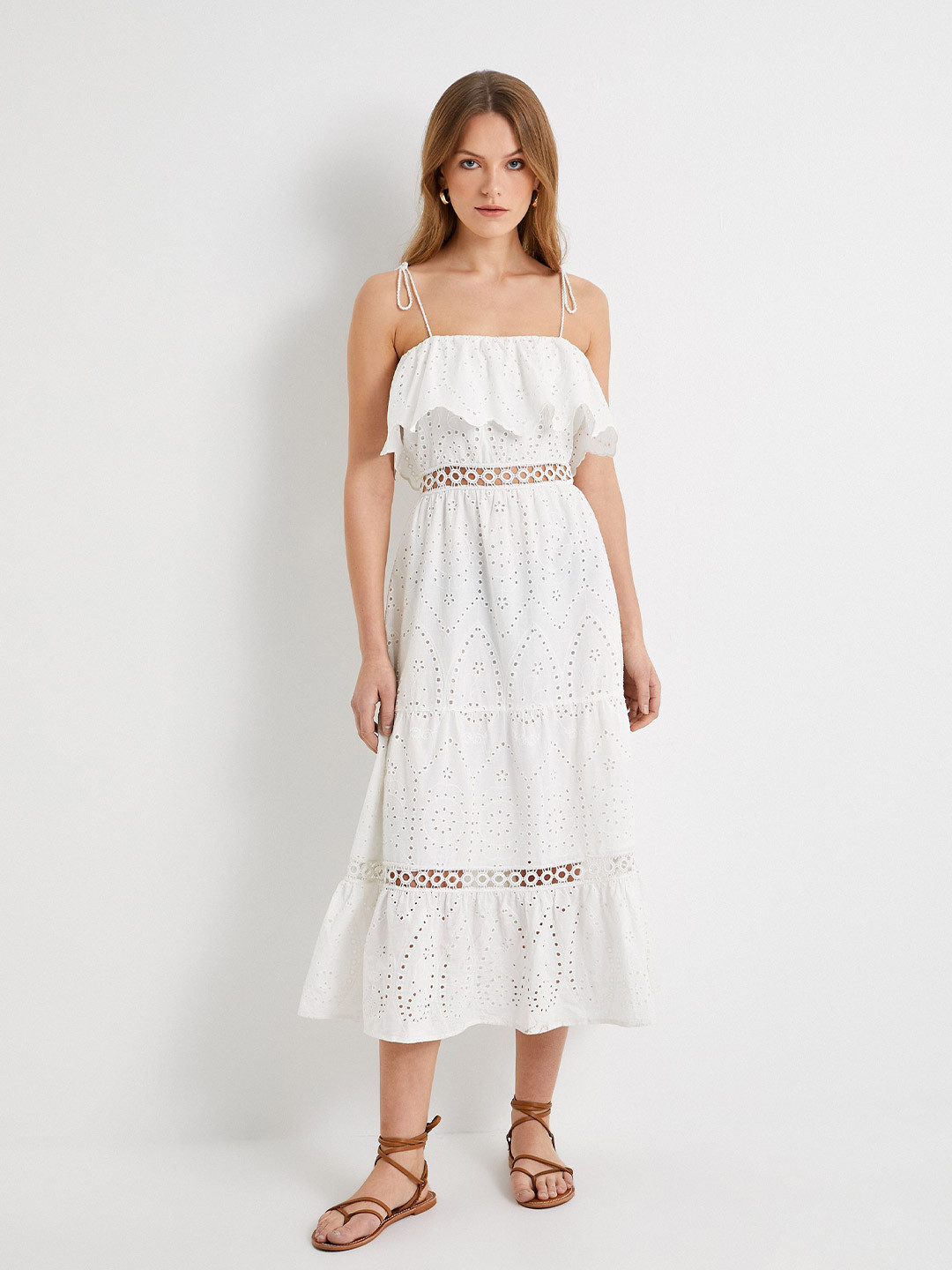 Koton Women Self Design Crochet Ruffles Pure Cotton A-Line Midi Dress