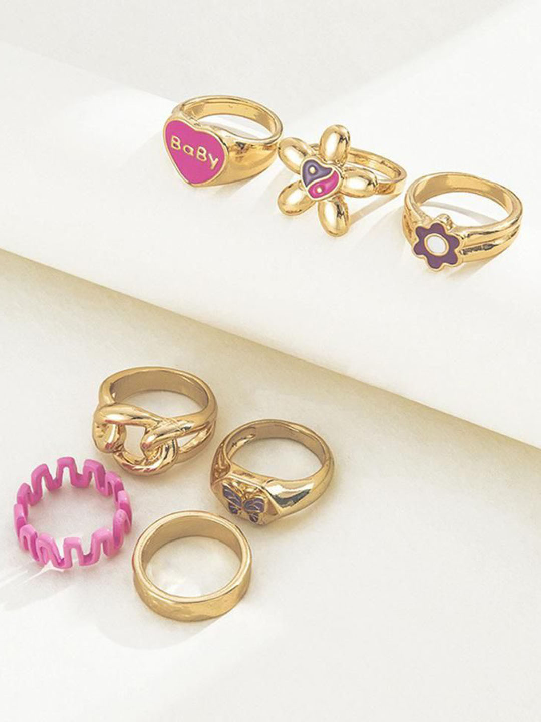 DESTINY JEWELS Set Of 7 Gold Plated Heart Shaped Love Letter Dcor Textured Finger Rings