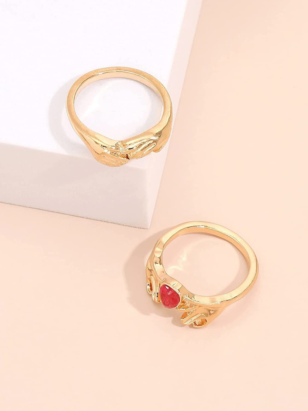 DESTINY JEWELS Set Of 2 Gold Plated Cubic Zirconia Studded Band Holding Hand Finger Rings