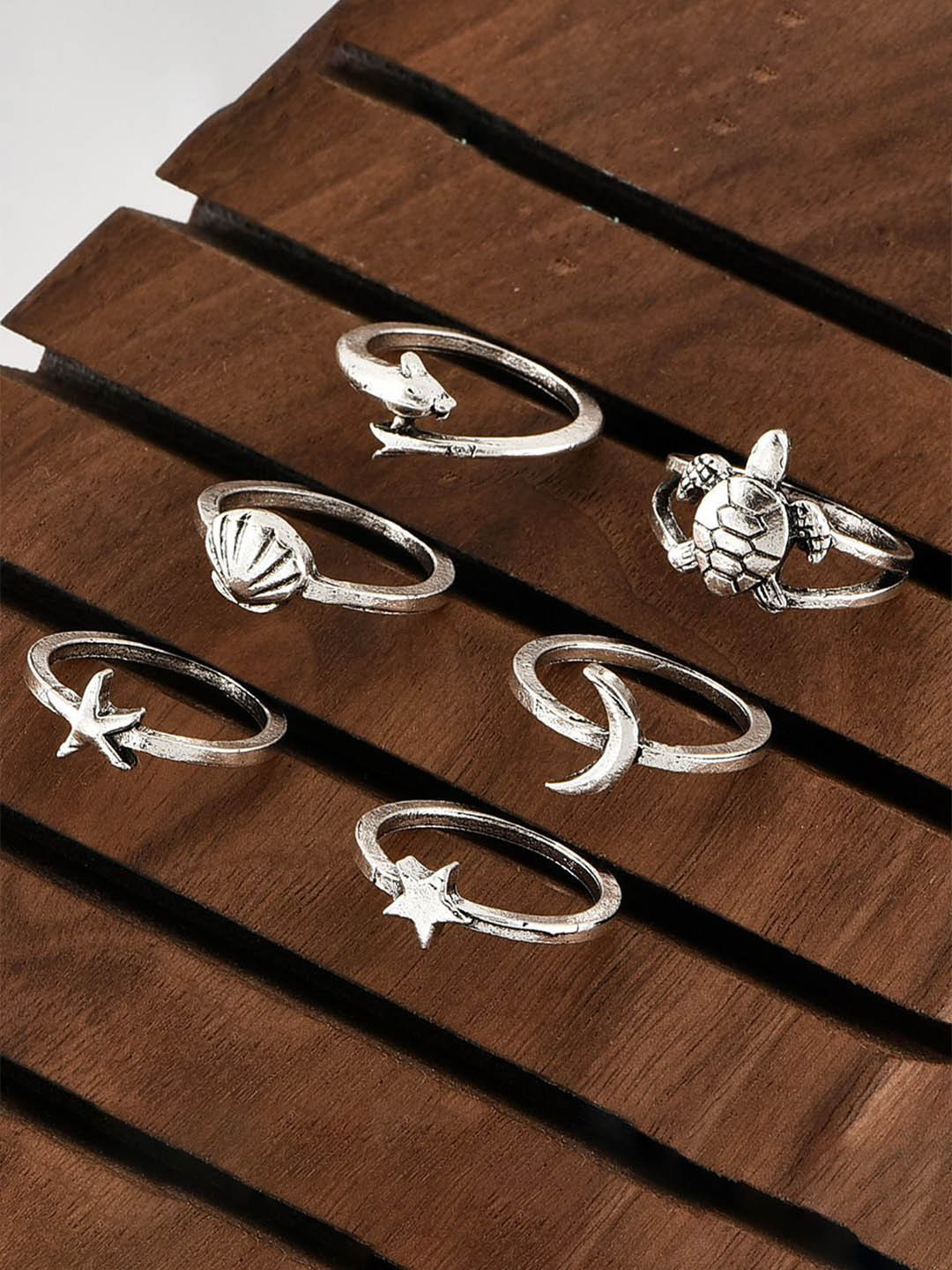 DESTINY JEWELS Set Of 6 Silver Plated Cute Beach Themed Finger Rings