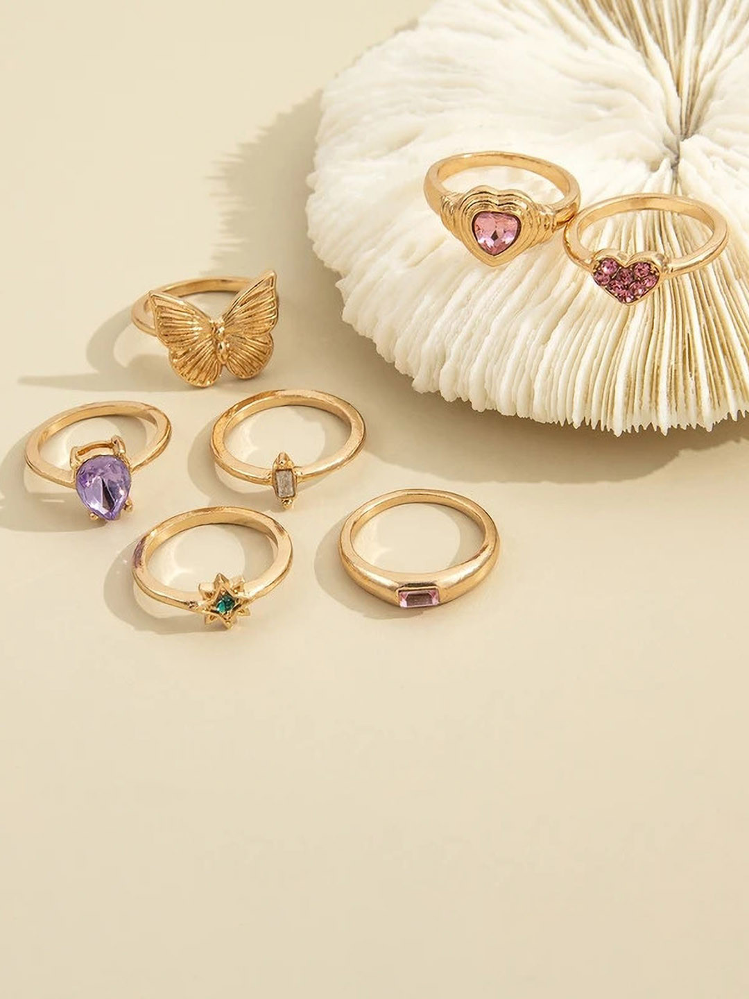 DESTINY JEWELS Dvacaman Set Of 7 Gold-Plated Cubic Zirconia Studded Finger Ring