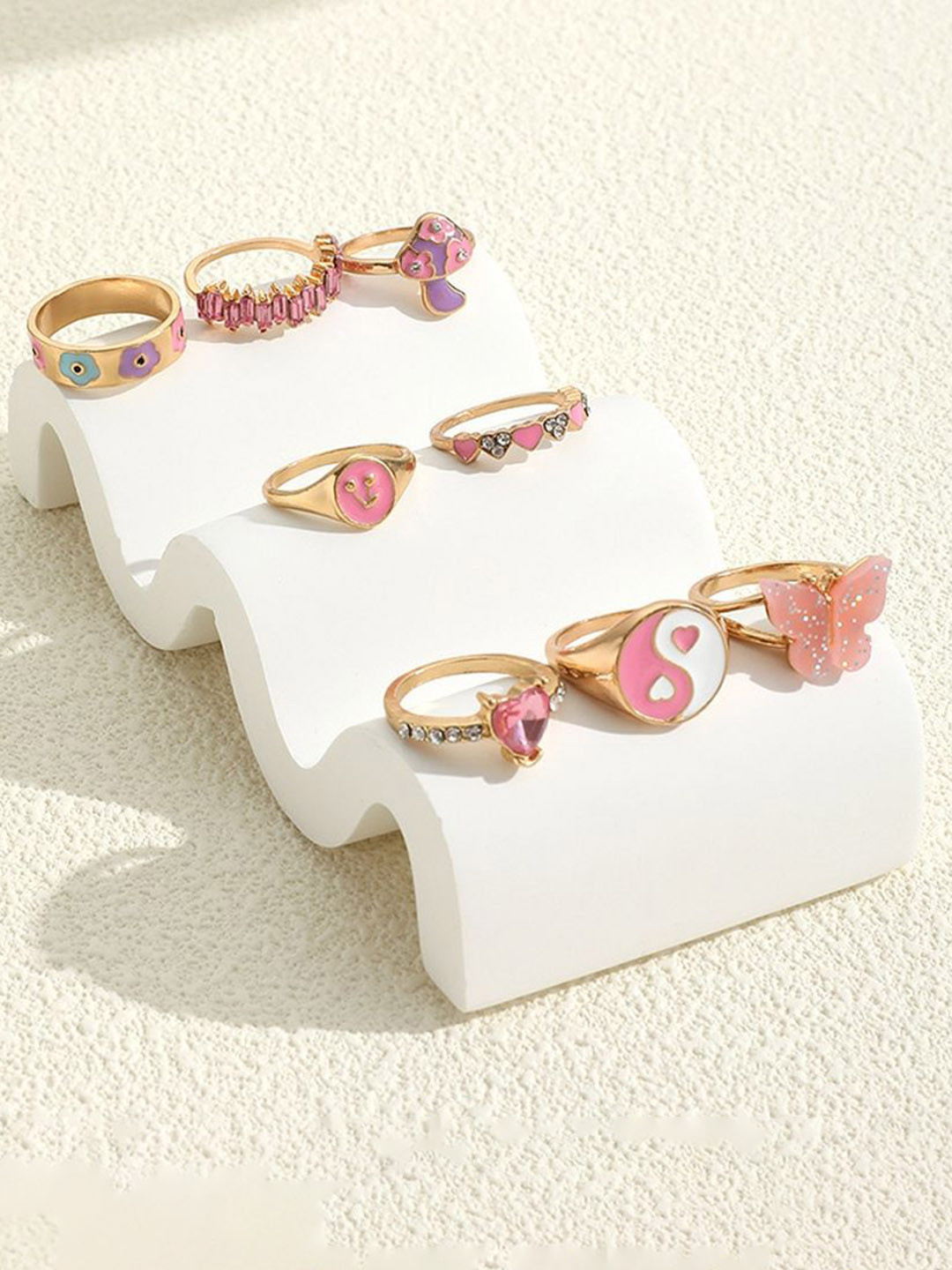 DESTINY JEWELS Set Of 8 Gold Plated Artificial Stones Studded Finger Rings
