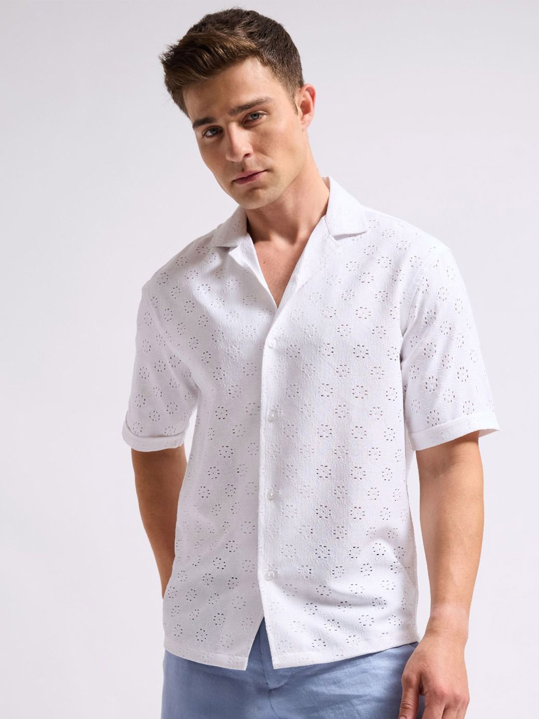 MISCHIEF MONKEY Men Classic Fit Cuban Collar Schiffli Textured Cotton Casual Shirt