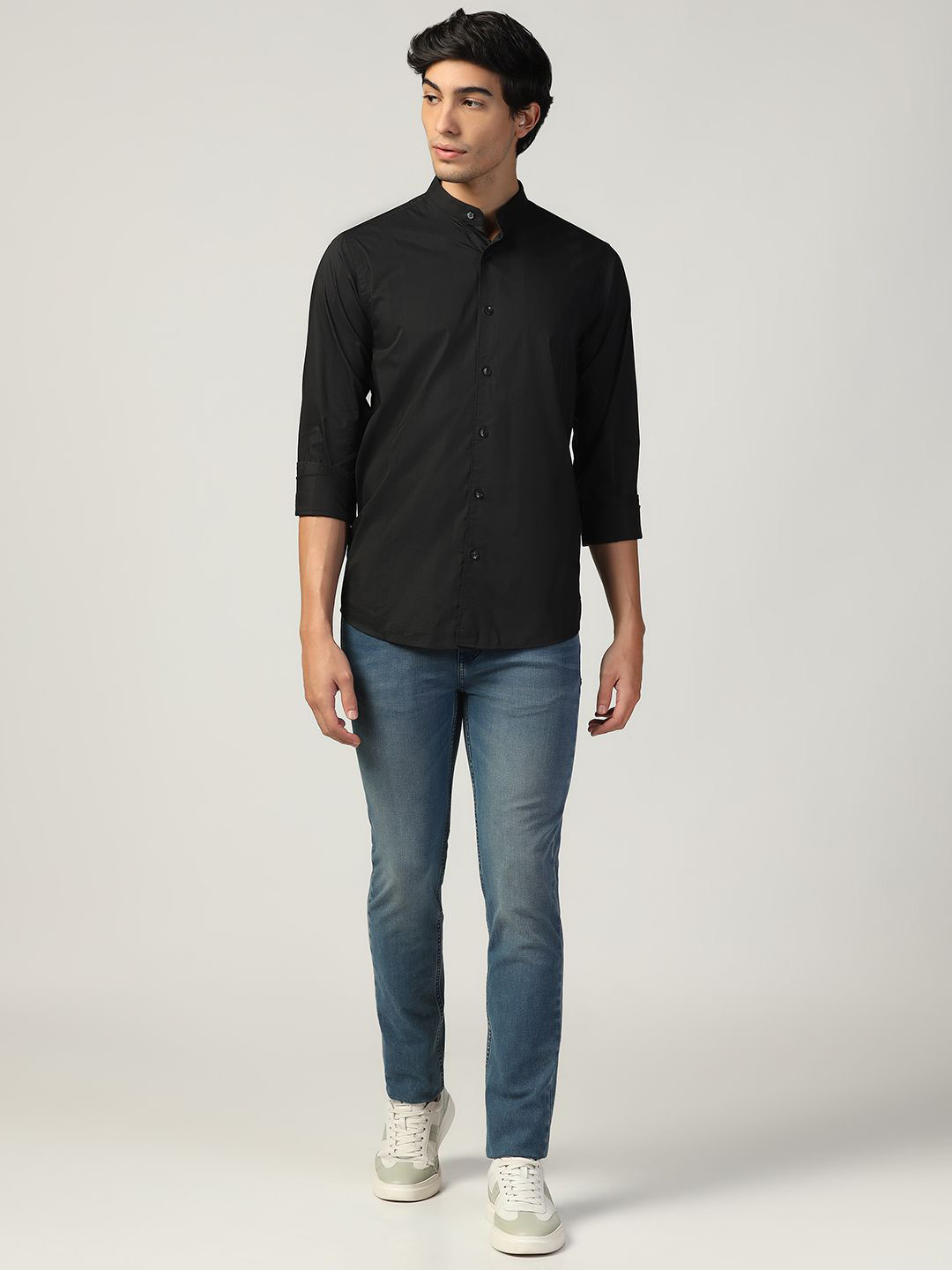 Blackberrys Men India Slim Mandarin Collar Vertical Striped Cotton Slim Fit Casual Shirt