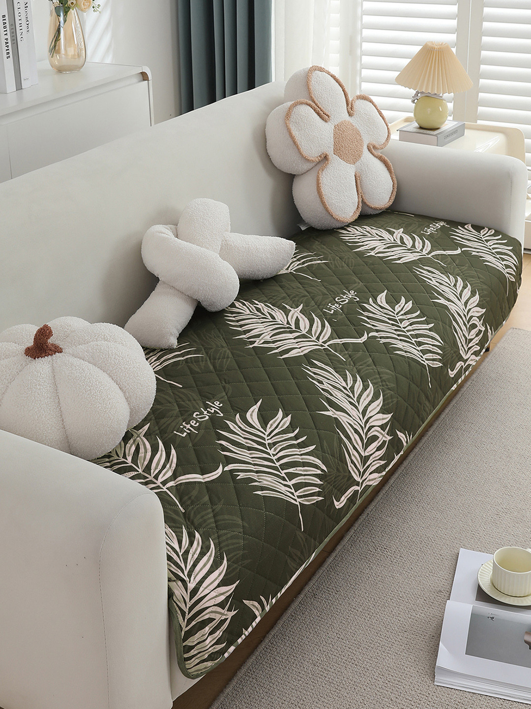 HOKIPO Green & White Printed Waterproof Quilted Sofa Seat Mat- 110 cm