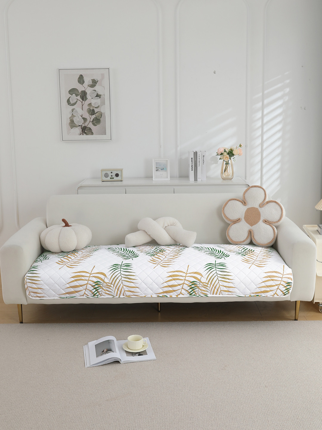 HOKIPO Green & Beige Printed Waterproof Quilted 150 cm Sofa Seat Mats