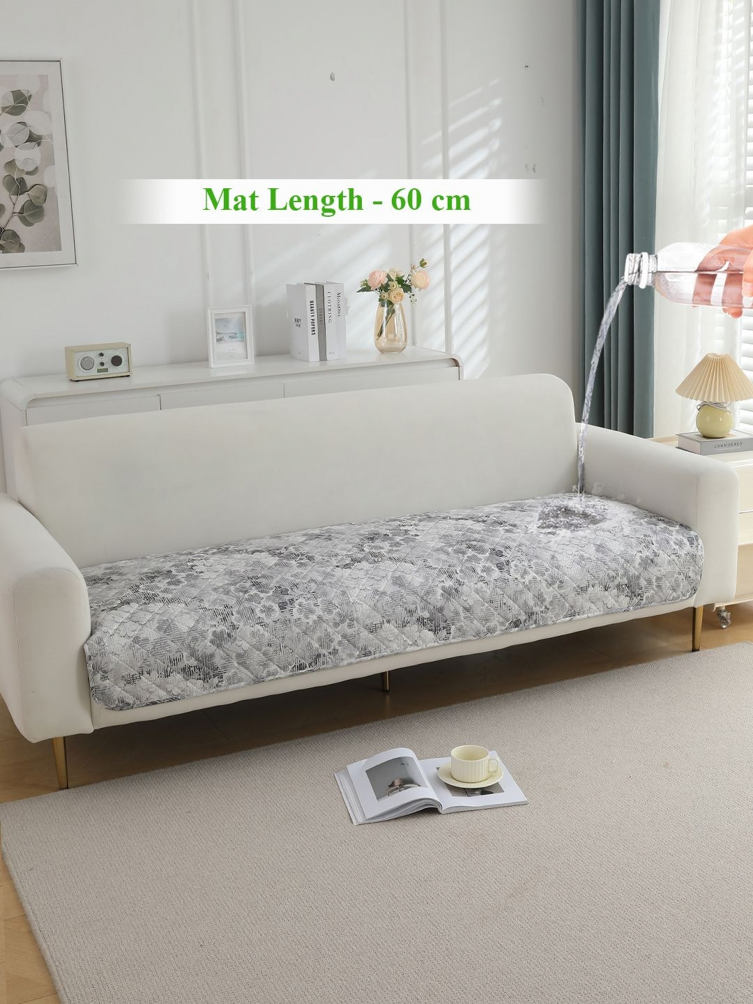 HOKIPO Grey & White Printed Waterproof Quilted 60 cm Sofa Seat Mat