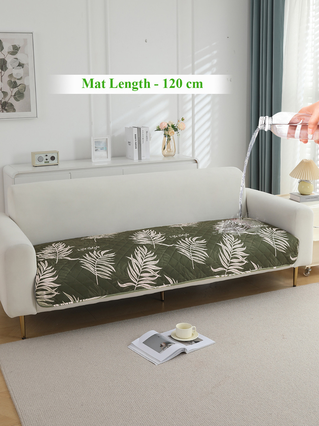 HOKIPO Green & White Printed Waterproof Quilted Sofa Seat Mat 120 cm