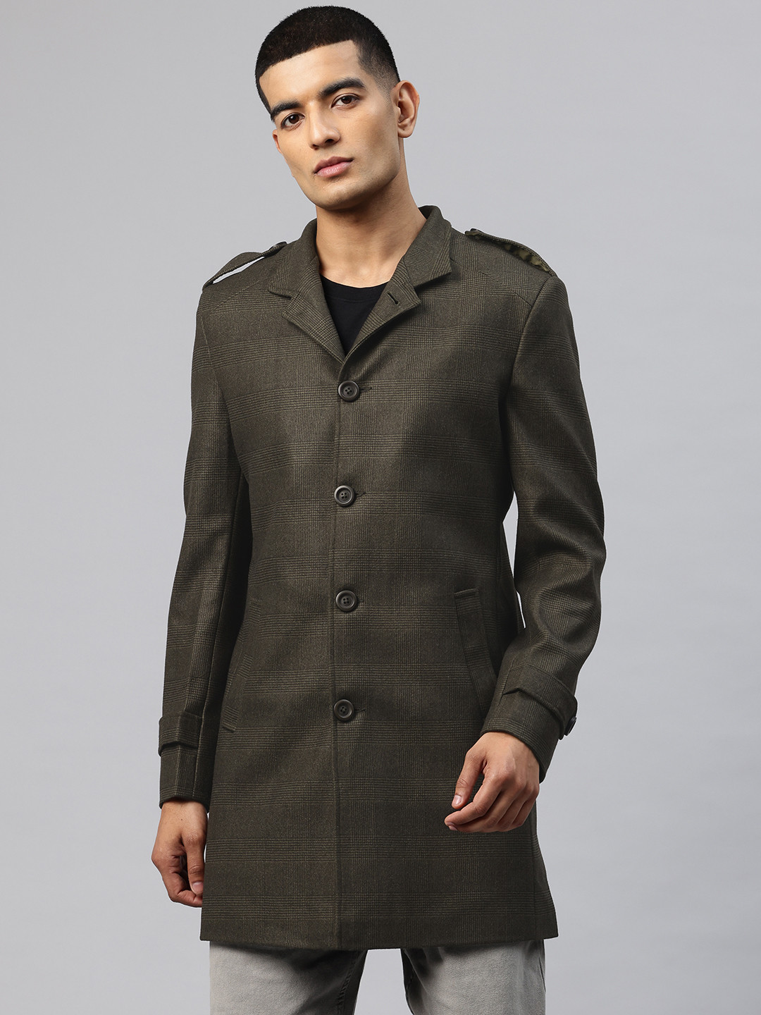 Pierre Carlo Men Checked Tweed Trench Coat