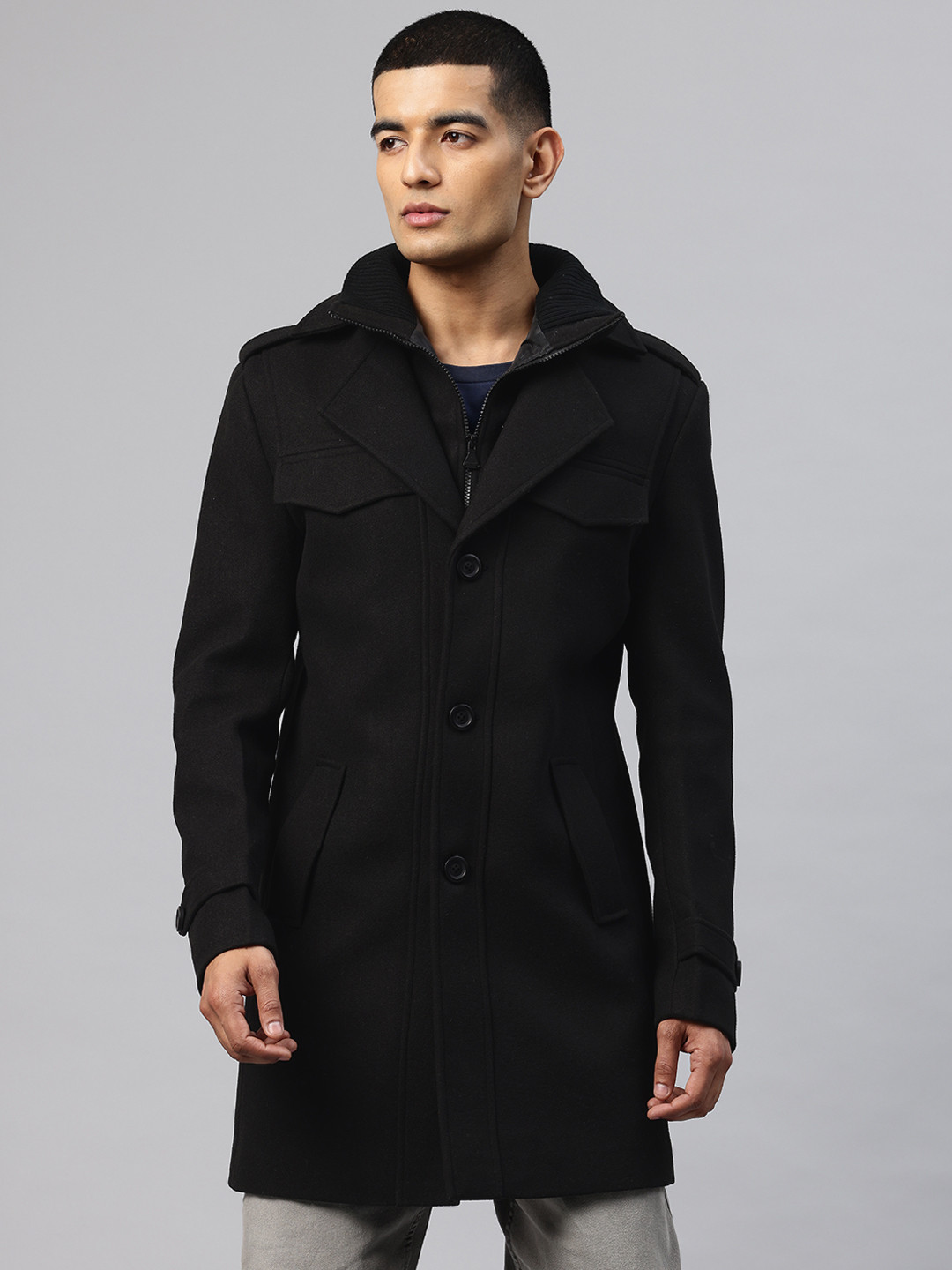 Pierre Carlo Men Double Collar Tweed Trench Coat