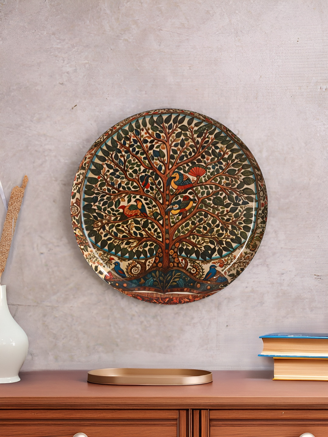 Homspurts Madhubani Metal Natural Elements Glossy Hanging Hall Wall Plates-12In