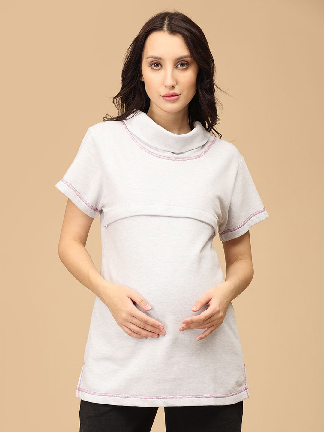 The Mom Store Women Turtle Neck Longline Cotton Maternity Sweatshirt