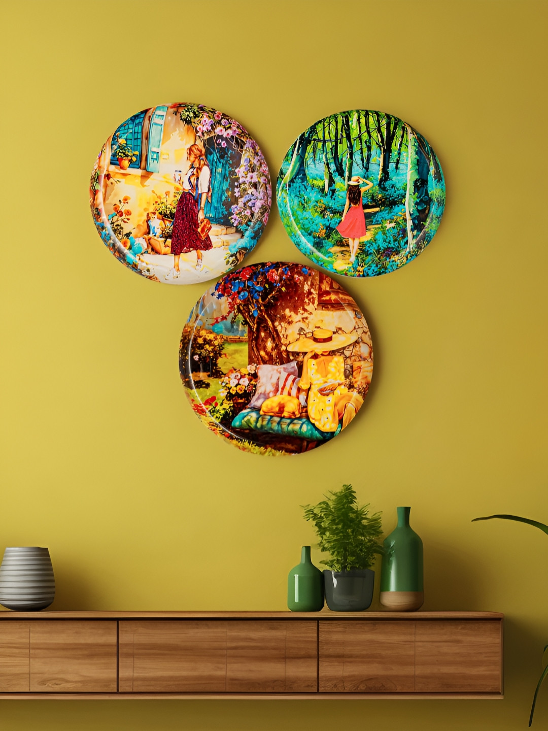 Homspurts Daring Dcor Metal Floral Glossy Hanging Hall 3Pcs Wall Plates-12In