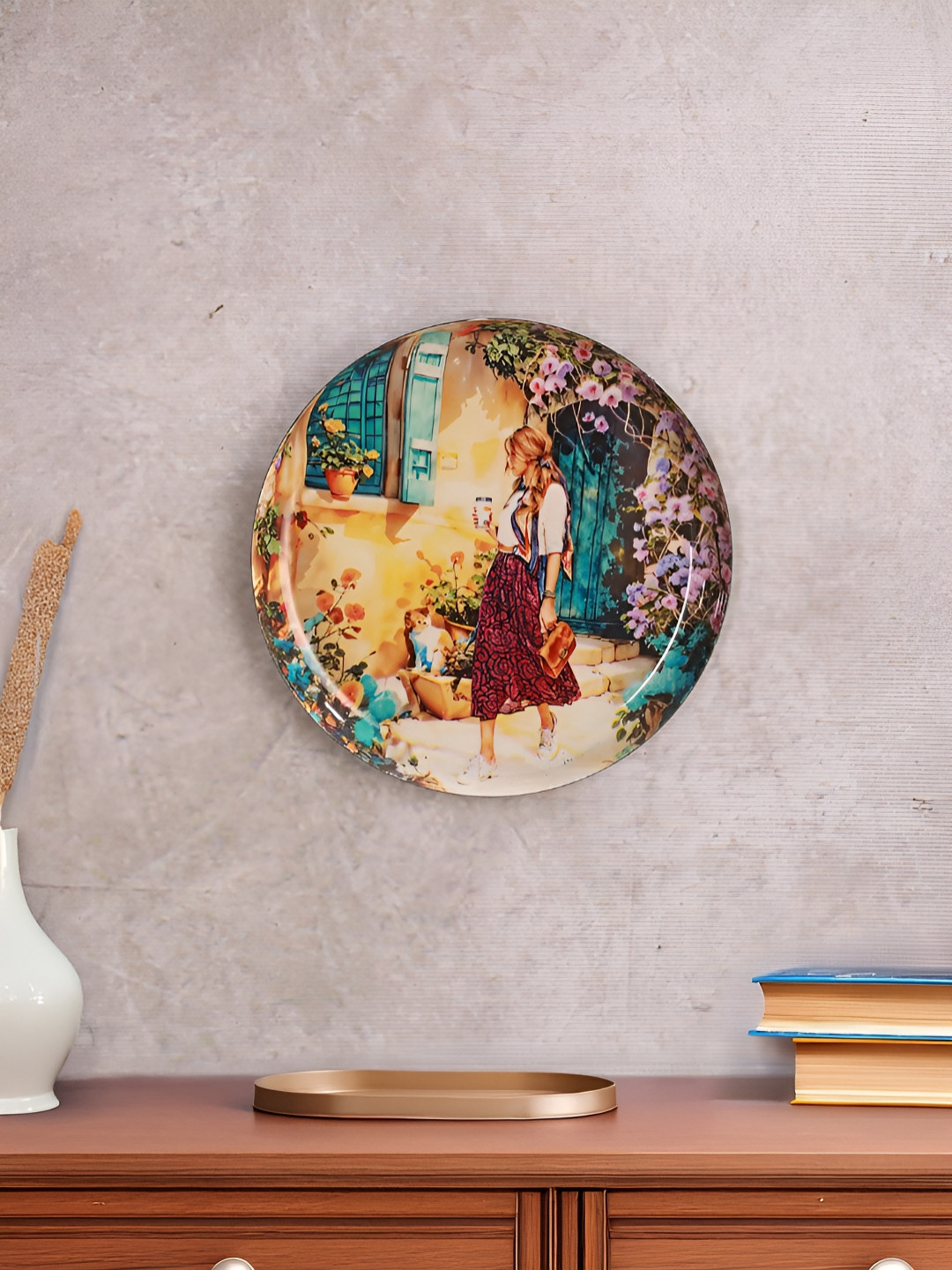 Homspurts Serene Sunshine Walk Metal Floral Glossy Hanging Hall Wall Plates-10In