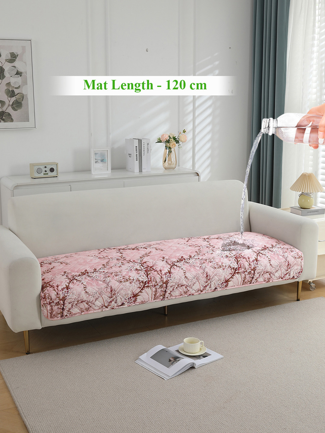 HOKIPO Pink & White Printed Waterproof Quilted 120 cm Sofa Mat
