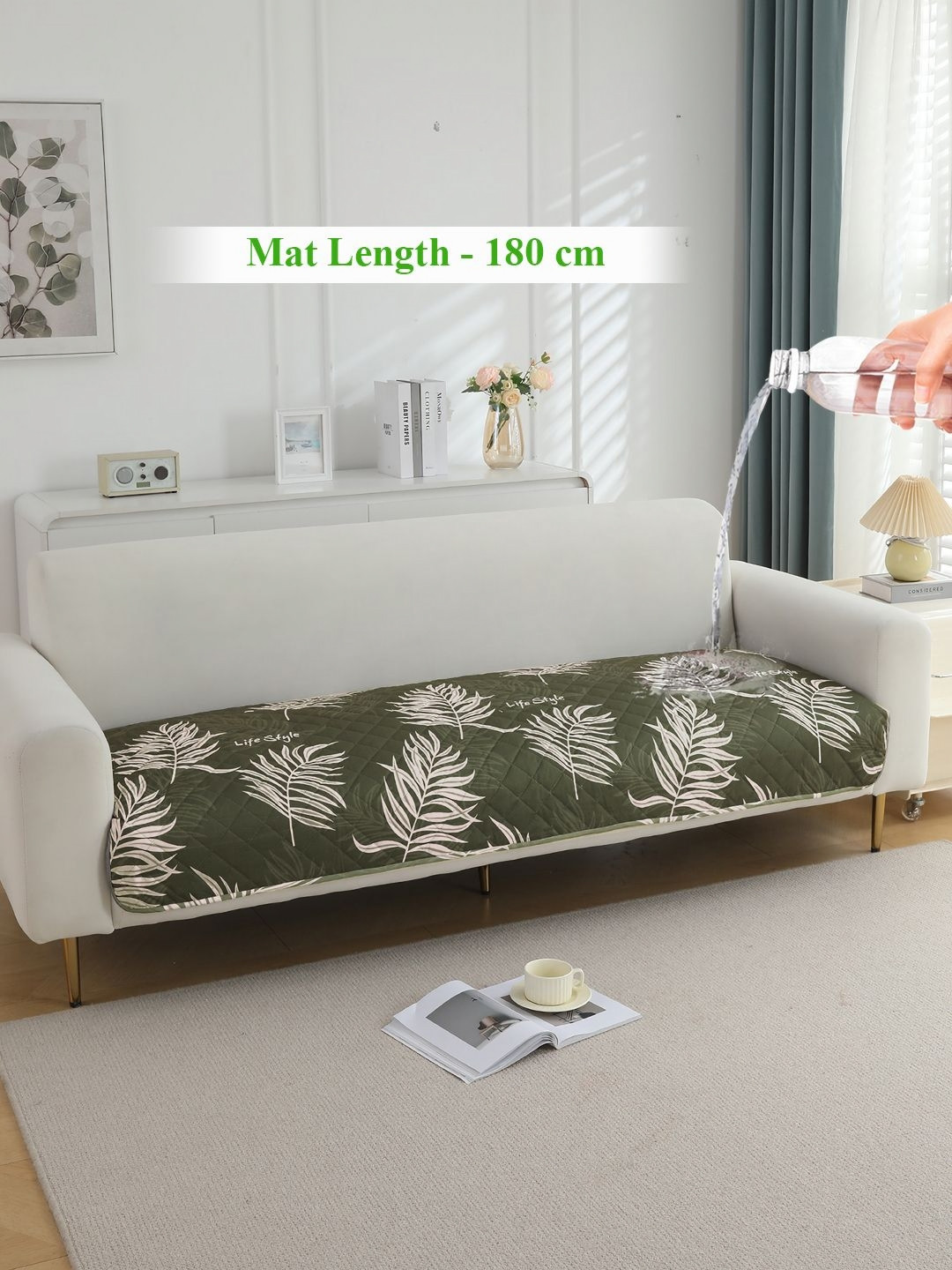 HOKIPO Green & White Printed Waterproof Quilted 180 cm Sofa Seat Mat
