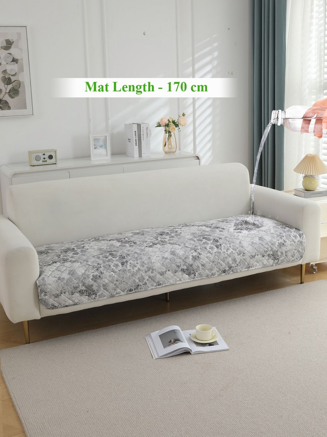 HOKIPO Grey & White Printed Waterproof Quilted 170 cm Sofa Seat Mat