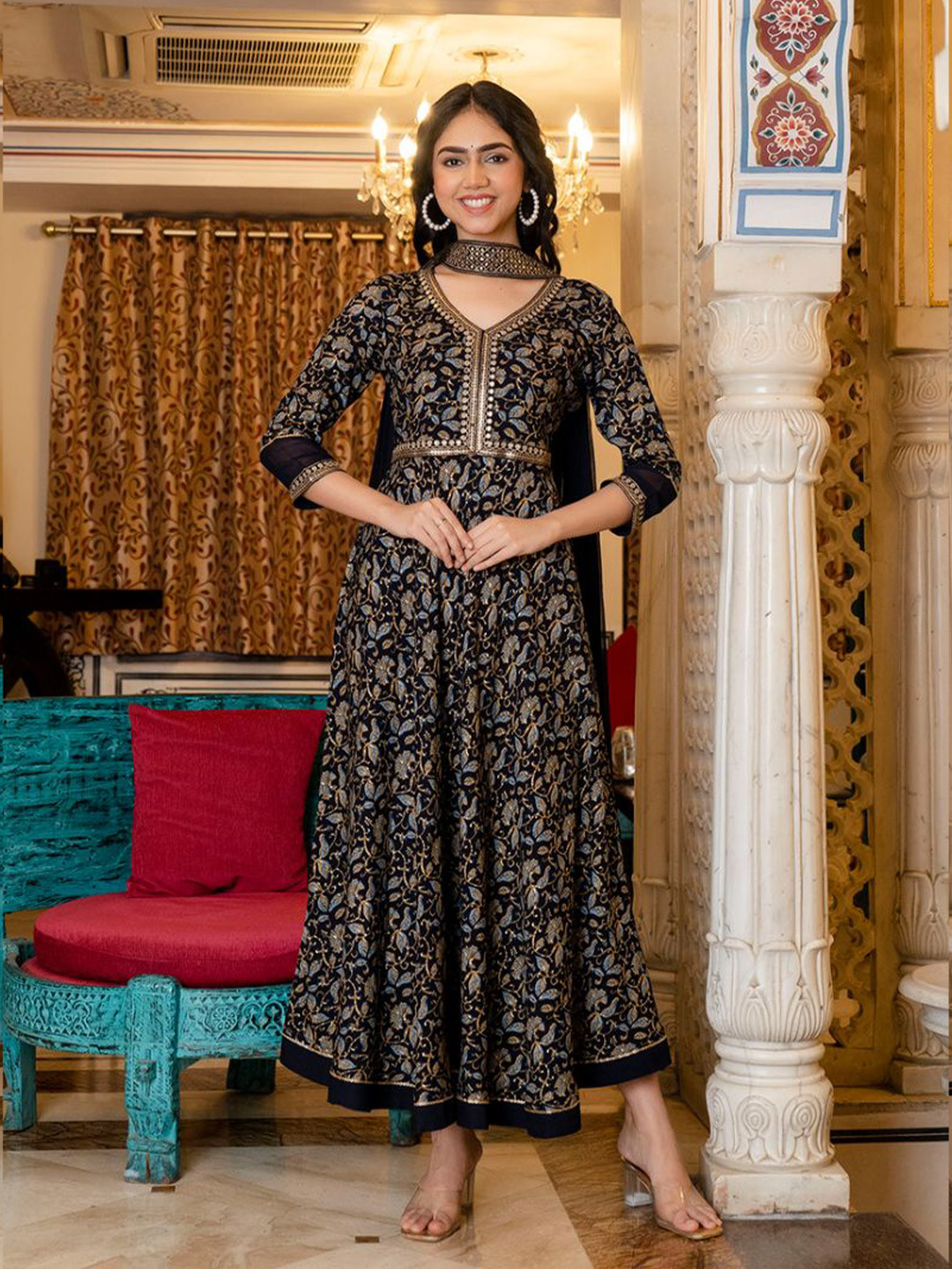KALINI Floral Printed Embellished Maxi A-Line Dress With Dupatta