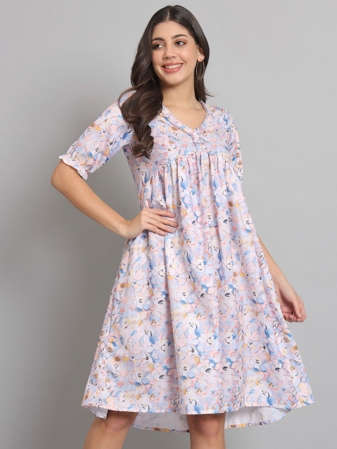 REBERRY Women Print Puff Sleeve Fit & Flare Midi Dress