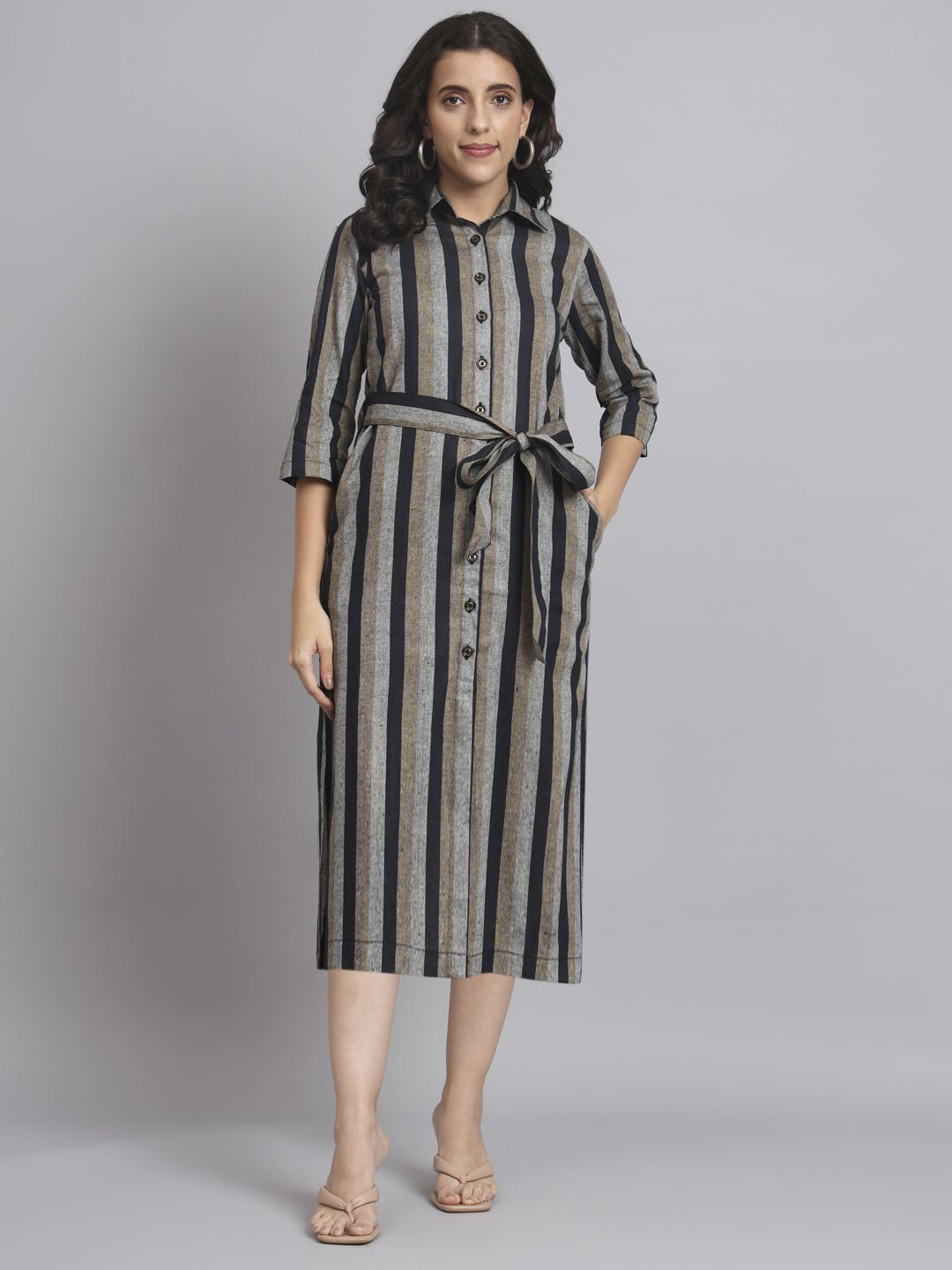 REBERRY Women Striped Shirt Midi Dress