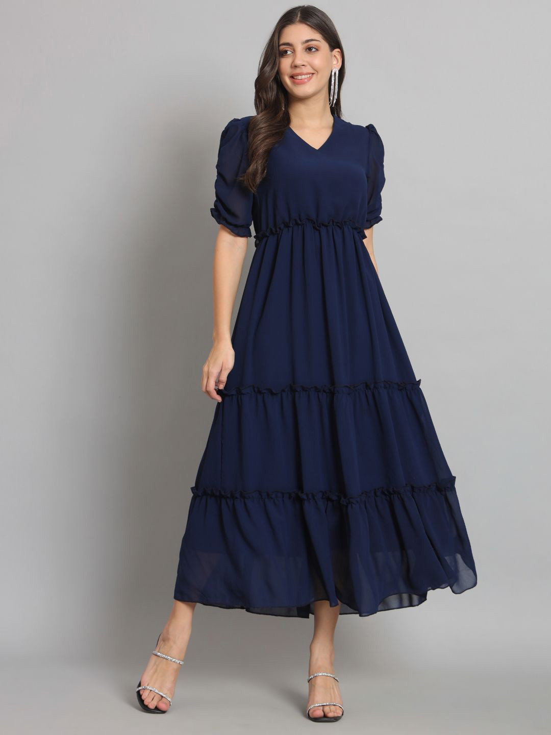 REBERRY Women Puff Sleeve Tiered Fit & Flare Midi Dress